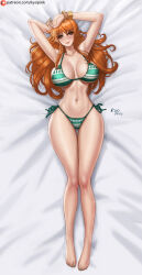 Rule 34 | 1girl, arms up, barefoot, bikini, blush, bracelet, breasts, curvy, dakimakura (medium), earrings, female focus, full body, highres, jewelry, kyopink, large breasts, long hair, looking at viewer, matching hair/eyes, nail polish, nami (one piece), narrow waist, navel, one piece, orange eyes, orange hair, shiny skin, shoulder tattoo, solo, sweat, swimsuit, tattoo, thigh gap, thong, thong bikini, toenail polish, toenails, wide hips