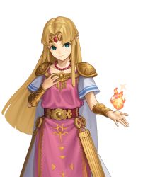 Rule 34 | 1girl, absurdres, blonde hair, blue eyes, buraki, dress, elf, fire, grin, hair intakes, highres, jewelry, long hair, magic, necklace, nintendo, pointy ears, princess zelda, simple background, smile, solo, standing, super smash bros., the legend of zelda, the legend of zelda: a link between worlds, tiara, very long hair, white background