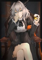 Rule 34 | 1girl, absurdres, alcohol, arknights, armchair, bare legs, black dress, black horns, blue eyes, breasts, chair, closed mouth, crossed legs, cup, dress, farena, feet out of frame, hand on own face, highres, holding, holding cup, horns, long hair, silver hair, simple background, sitting, smile, solo, talulah (arknights), upper body, whiskey