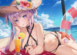Rule 34 | + +, 1girl, :p, bare arms, bare shoulders, beach, beach towel, beach umbrella, bikini, black bikini, black choker, black ribbon, blue sky, blush, breasts, brown hat, cherry, choker, cleavage, cloud, collarbone, criss-cross halter, cross, cup, day, drink, drinking glass, drinking straw, flower, food, fruit, ginn (hzh770121), hair ribbon, halterneck, hand on own cheek, hand on own face, hat, hat flower, hibiscus, highres, innertube, large breasts, lime (fruit), lime slice, long hair, looking at viewer, lying, multicolored hair, navel, ocean, on side, original, outdoors, pink flower, purple eyes, purple hair, ribbon, seashell, shell, sideboob, sky, solo, starfish, stomach, straw hat, swim ring, swimsuit, tongue, tongue out, towel, two-tone hair, umbrella, very long hair, virtual youtuber, water, yellow flower