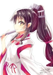 Rule 34 | 1girl, black hair, blush, brown eyes, closed mouth, folding fan, hair ornament, hair ribbon, hair tie, hakama, hakama skirt, hand fan, headgear, high ponytail, highres, hizaka, japanese clothes, kantai collection, long hair, long sleeves, looking at viewer, multi-tied hair, nisshin (kancolle), okobo, one-hour drawing challenge, red hakama, red ribbon, ribbon, ribbon-trimmed sleeves, ribbon trim, sandals, short eyebrows, simple background, skirt, smile, solo, thick eyebrows, twitter username, very long hair, white background, wide sleeves