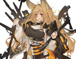 Rule 34 | 1girl, animal ears, arknights, axe, breasts, brown eyes, brown hair, ceobe (arknights), dog ears, large breasts, long hair, mikozin, skirt, smile, solo, sparkling eyes, staff, sword, very long hair, weapon, white background