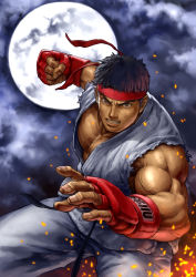 Rule 34 | 1boy, belt, capcom, full moon, headband, male focus, moon, muscular, night, ryu (street fighter), simulex, solo, street fighter