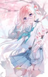 Rule 34 | 1girl, aqua neckerchief, blue-framed eyewear, blue eyes, blue skirt, blurry, blurry background, cat, cherry blossoms, commentary request, earrings, falling petals, glasses, hand on own thigh, highres, jewelry, long hair, long sleeves, looking at viewer, miwano rag, neckerchief, one side up, original, outdoors, petals, pink hair, pleated skirt, sailor collar, school uniform, serafuku, shirt, skirt, smile, tree, very long hair, white sailor collar, white shirt