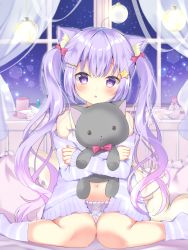 Rule 34 | 1girl, animal ear fluff, animal ears, bare shoulders, bed, blush, bottle, bow, bra, cat ears, commentary request, hair bow, hair ornament, hamico, highres, looking at viewer, mini wings, navel, hugging object, original, panties, pantyshot, perfume bottle, pillow, pink bow, purple eyes, purple hair, purple socks, sitting, socks, sparkle, star (symbol), star hair ornament, stomach, triangle mouth, twintails, underwear, wariza, window, wings, yume kawaii