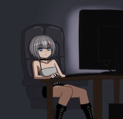 Rule 34 | 1girl, bags under eyes, bare arms, bare shoulders, belt, belt buckle, black choker, black footwear, black shorts, blank stare, blue eyes, bob cut, boots, bored, bra strap, breasts, buckle, chair, choker, closed mouth, collarbone, computer, cross-laced footwear, desk, dot mouth, eye reflection, grey hair, keyboard (computer), lace-up boots, medium hair, meme, monitor, mouse (computer), o-ring, o-ring choker, office chair, reflection, rurine luna, shade, shorts, sitting, small breasts, solo, strapless, swivel chair, tank top, tube top, virtual youtuber, wactor production, white belt, white tank top, yof (sc gazer)