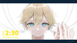 Rule 34 | 1boy, absurdres, aqua eyes, blonde hair, blue eyes, closed mouth, crying, crying with eyes open, fingernails, hair between eyes, hand up, highres, kagamine len, long fingernails, looking at viewer, nail polish, short hair, smile, solo, song name, syiga, tears, vocaloid, white background, yomei 2:30 (vocaloid)