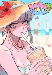 1girl 2boys alternate_costume animal bad_id bad_twitter_id bare_shoulders beach bikini blush_stickers breasts brown_hair cleavage crab cup danganronpa_(series) danganronpa_2:_goodbye_despair day drinking_straw drinking_straw_in_mouth english_text flower frilled_bikini frills hat hat_flower highres hinata_hajime holding holding_cup jpdu215 komaeda_nagito looking_at_viewer multicolored_hair multiple_boys nanami_chiaki outdoors pink_eyes pink_hair red_flower rxnal0 solo_focus standing sun_hat swimsuit two-tone_hair white_bikini