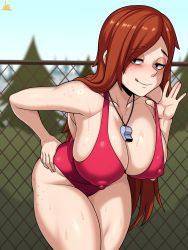 Rule 34 | 1girl, :q, absurdres, alternate body size, alternate breast size, blurry, blush, body freckles, breasts, brown hair, chain-link fence, covered erect nipples, cowboy shot, curvy, day, depth of field, disney, facing viewer, fence, freckles, gravity falls, hand on own hip, hanging breasts, highres, jmg, large breasts, leaning forward, legs together, licking lips, long hair, looking at viewer, one-piece swimsuit, outdoors, pale skin, red one-piece swimsuit, skindentation, solo, standing, swimsuit, swimsuit tug, tongue, tongue out, wendy corduroy, whistle, whistle around neck