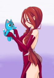 Rule 34 | 1girl, absurdres, braid, cat, elbow gloves, fairy tail, flare corona, gloves, happy (fairy tail), highres, long hair, pao mian+dan, red eyes, red gloves, red hair, side slit, smile, sweatdrop, twin braids