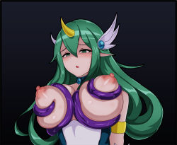 Rule 34 | blush, breasts, choker, covered erect nipples, green eyes, green hair, horns, large breasts, league of legends, long hair, minieon kiugi, nipples, open mouth, single horn, soraka (league of legends), star guardian (league of legends), star guardian soraka, tentacles