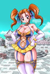 Rule 34 | 1girl, blush, breasts, brown eyes, cleavage, curvy, divine bustier (dq), dragon quest, dragon quest viii, facing viewer, female focus, garter straps, hands on own hips, jessica albert, kawamoto hiroshi, large breasts, long hair, looking at viewer, navel, official alternate costume, orange hair, outdoors, sky, smile, solo, square enix, standing, thick thighs, thighhighs, thighs, twintails