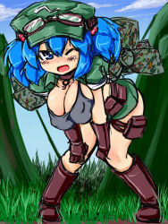 Rule 34 | 1girl, alternate costume, backpack, bag, bent over, blue eyes, blue hair, boots, breasts, cleavage, covered erect nipples, female focus, gloves, goggles, goggles on head, hair bobbles, hair ornament, hat, kawashiro nitori, large breasts, matching hair/eyes, okiraku nikku, one eye closed, short hair, solo, touhou, twintails, two side up, wink