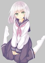 Rule 34 | 1girl, black socks, blush, collarbone, commentary request, green eyes, grey background, hands on lap, head tilt, kavka, long hair, long sleeves, looking at viewer, neckerchief, no shoes, original, parted lips, pink neckerchief, pleated skirt, school uniform, serafuku, shirt, silver hair, simple background, sitting, skirt, sleeves past wrists, socks, solo, v arms, wariza, white shirt, white socks