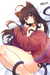 Rule 34 | 1girl, ahoge, animal ears, artist name, bad id, bad pixiv id, bell, black hair, blush, breasts, cat ears, cat tail, choker, cleavage, closed mouth, collarbone, fake animal ears, fake tail, highres, iris yuma, large breasts, long hair, looking at viewer, lying, maett, neck bell, on back, red eyes, red sweater, ribbed sweater, smile, solo, soulworker, sweater, tail, thighs