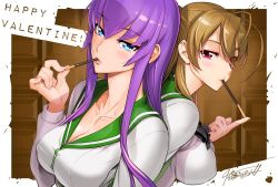 Rule 34 | 2girls, back-to-back, blue eyes, breasts, brown hair, busujima saeko, candy, chocolate, chocolate bar, food, highschool of the dead, impossible clothes, large breasts, long hair, miyamoto rei, multiple girls, pocky, purple hair, red eyes, satou shouji, school uniform, upper body