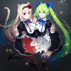 Rule 34 | 2girls, animal ears, apron, blonde hair, cat tail, character request, falkyrie no monshou, flower, green eyes, green hair, hair flower, hair ornament, hair ribbon, highres, holding hands, kagetomo midori, maid, multiple girls, red eyes, ribbon, skirt, tail, thighhighs, twintails
