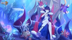 Rule 34 | 1girl, bare shoulders, black hair, blue eyes, blue hair, bob cut, cape, china dress, chinese clothes, closed mouth, copyright name, coral reef, crown, dress, flower, full body, gloves, hair flower, hair ornament, highres, holding, holding staff, honkai (series), honkai impact 3rd, logo, looking at viewer, multicolored hair, official art, open mouth, red cape, second-party source, seele vollerei, seele vollerei (stygian nymph), short hair, sitting, sleeveless, sleeveless dress, solo, staff, throne, two-tone hair, underwater, white dress, white flower