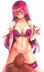 Rule 34 | 1boy, 1girl, alternate costume, bad id, bad pixiv id, bald, bikini, blush, bottomless, bracelet, breasts, bridal garter, cleavage, clyde s, commentary request, cunnilingus, fate/grand order, fate (series), femdom, flower, hair flower, hair intakes, hair ornament, hetero, hibiscus, highres, jewelry, large breasts, looking at viewer, looking down, medium breasts, navel, nib pen (object), nose blush, open mouth, oral, pen, pink bikini, purple bikini, purple hair, red eyes, revision, scathach (fate), scathach (fate/grand order), scathach (swimsuit assassin) (fate), sexually suggestive, simple background, solo focus, standing, standing cunnilingus, swimsuit, tally, white background