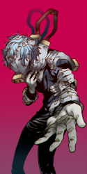 Rule 34 | 10s, 1boy, black pants, black shirt, boku no hero academia, collagen, covering face, long sleeves, looking at viewer, male focus, pants, purple background, reaching, reaching towards viewer, shigaraki tomura, shirt, silver hair, simple background, solo, wide-eyed