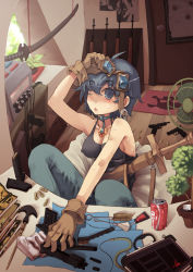 Rule 34 | 1girl, ahoge, bad deviantart id, bad id, bare shoulders, blue eyes, blue hair, breasts, can, cleavage, drink can, gloves, gun, hand fan, handgun, indoors, jewelry, katana, matching hair/eyes, necklace, one eye closed, original, pistol, rifle, shell casing, short hair, soda can, solo, sweat, sword, tank top, weapon, wink