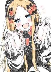 Rule 34 | 1girl, :d, abigail williams (fate), absurdres, black bow, black dress, black hat, blonde hair, blue eyes, blush, bow, dress, fate/grand order, fate (series), forehead, hair bow, hat, head tilt, highres, long hair, long sleeves, open mouth, orange bow, parted bangs, signature, simple background, sleeves past wrists, smile, sofra, solo, upper body, very long hair, white background
