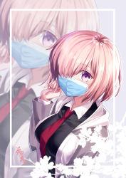 Rule 34 | 1girl, black dress, blush, breasts, commentary request, coronavirus pandemic, dress, fate (series), gogatsu fukuin, grey jacket, hair over one eye, highres, jacket, large breasts, looking at viewer, mash kyrielight, mask, mouth mask, necktie, purple eyes, red necktie, short hair, smile, solo, translation request, white jacket