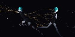 Rule 34 | 2others, age comparison, androgynous, black background, black footwear, black necktie, commentary request, crack, cracked skin, crystal hair, feet out of frame, from side, gem uniform (houseki no kuni), golden arms, hands on own chest, hands up, happy, highres, houseki no kuni, liquid, meru02295238, multiple others, necktie, open mouth, other focus, outstretched arms, phosphophyllite, profile, puffy short sleeves, puffy sleeves, running, sad, shards, shoes, short sleeves, shorts, simple background, spoilers, striped, time paradox
