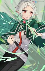 Rule 34 | 1girl, absurdres, black pants, casting spell, cloak, elf, green cloak, highres, holding, holding wand, jacket, knowname, magic, mushoku tensei, pants, pointy ears, red eyes, short hair, solo, sylphiette (mushoku tensei), wand, white jacket
