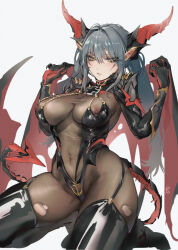 Rule 34 | 1girl, agaver123, armor, azur lane, black bodysuit, black footwear, black gloves, black thighhighs, bodystocking, bodysuit, boots, breasts, cleavage, covered erect nipples, covered navel, demon horns, demon tail, demon wings, dragon girl, elbow gloves, female pubic hair, garter straps, gloves, grey hair, hair between eyes, highres, horns, impossible bodysuit, impossible clothes, kneeling, large breasts, long hair, mechanical horns, mechanical tail, navel, nipples, pauldrons, pointy ears, pubic hair, red tail, red wings, regensburg (azur lane), revealing clothes, see-through, shoulder armor, simple background, skin tight, skindentation, solo, tail, thighhighs, torn bodysuit, torn clothes, twintails, white background, wings, yellow eyes