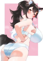 Rule 34 | 1girl, adjusting bra, adjusting clothes, alternate breast size, animal ear fluff, animal ears, artist name, ass, black hair, blush, bra, breast suppress, breasts, brown eyes, closed mouth, frikulu, from behind, highres, hololive, large breasts, long hair, looking at viewer, looking back, multicolored hair, ookami mio, panties, pink background, ponytail, red hair, simple background, solo, streaked hair, sweat, tail, underwear, underwear only, virtual youtuber, white background, white bra, white hair, white panties, wolf ears, wolf girl, wolf tail