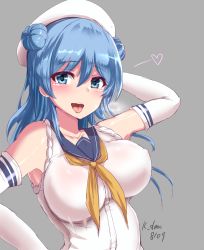 Rule 34 | 1girl, artist request, blue eyes, blue hair, blush, breasts, dated, double bun, elbow gloves, gloves, grey background, hair between eyes, hair bun, hand on own head, hand on own hip, hat, heart, heart-shaped pupils, highres, kantai collection, large breasts, long hair, looking at viewer, neckerchief, open mouth, sailor hat, school uniform, serafuku, sidelocks, signature, sleeves rolled up, smile, solo, symbol-shaped pupils, tareme, tongue, tongue out, urakaze (kancolle), white gloves, white hat, yellow neckerchief