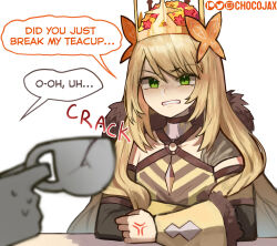 Rule 34 | 1girl, 1other, alternate costume, artist name, blonde hair, celine (fire emblem), chocojax, choker, clenched teeth, commentary, crown, cup, fire emblem, fire emblem engage, fur trim, highres, holding, holding cup, long hair, looking at viewer, nintendo, o-ring, o-ring top, patreon logo, simple background, solo focus, speech bubble, teacup, teeth, twitch logo, twitter logo, upper body, white background, yellow eyes