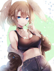 Rule 34 | 1girl, alternate hairstyle, bare shoulders, black jacket, black shirt, blue eyes, blue pants, breasts, brown hair, cleavage, collarbone, commentary request, denim, eunie (xenoblade), feathered wings, flower, grin, head wings, highres, holding, holding flower, jacket, jeans, large breasts, long hair, looking at viewer, midriff, navel, off shoulder, pants, pocket, shirt, sleeveless, sleeveless shirt, smile, solo, ui frara, white background, white wings, wings, xenoblade chronicles (series), xenoblade chronicles 3
