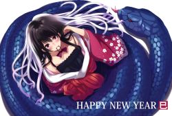 Rule 34 | black hair, freckles, gradient hair, happy new year, japanese clothes, mouth hold, multicolored hair, new year, original, red eyes, ribbon, snake, solo, sora-bozu, two-tone hair, white hair