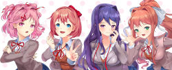 Rule 34 | 4girls, :d, anadaginda, blue eyes, bow, brown hair, commentary, crossed arms, doki doki literature club, english commentary, green eyes, grey jacket, hair bow, hair ornament, hair ribbon, hairclip, highres, jacket, leaning forward, long hair, looking at viewer, monika (doki doki literature club), multiple girls, natsuki (doki doki literature club), open mouth, pink eyes, pink hair, polka dot, polka dot background, ponytail, purple eyes, purple hair, red bow, red ribbon, ribbon, sayori (doki doki literature club), school uniform, short hair, smile, two side up, w, waving, white ribbon, yuri (doki doki literature club)