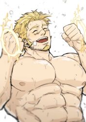 Rule 34 | 1boy, abs, bara, blonde hair, blush, closed eyes, f69g, facial hair, goatee, happy, highres, jacob (housamo), large pectorals, long sideburns, male focus, mature male, muscular, muscular male, nipples, pectorals, scar, scar on face, scar on nose, short hair, sideburns, smile, solo, stomach, strongman waist, sweat, tokyo houkago summoners, unfinished, upper body, very sweaty