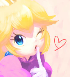 Rule 34 | 1girl, blonde hair, blowing kiss, blue eyes, dress, earrings, eyelashes, finger to mouth, gloves, hand up, heart, index finger raised, jewelry, lips, looking at viewer, mario (series), nintendo, one eye closed, parted lips, pink background, pink dress, pink lips, princess peach, puffy sleeves, shushing, solo, super mario bros. 1, ukata, upper body, white gloves
