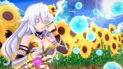 Rule 34 | absurdres, bare shoulders, black heart (neptunia), breasts, cleavage, cloud, collar, fishnets, flower, hair ornament, hairclip, highres, long hair, ltsuki, medium breasts, moon, neptune (series), noire (neptunia), open mouth, robe, sky, sunflower, surprised, tsundere, upper body, very long hair, white hair