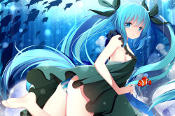 Rule 34 | 1girl, absurdres, aqua eyes, aqua hair, ass, backless outfit, barefoot, breasts, clownfish, detached sleeves, fish, floating, from behind, hatsune miku, highres, jyt, long hair, looking at viewer, panties, parted lips, shinkai shoujo (vocaloid), sideboob, small breasts, solo, striped clothes, striped panties, thighs, twintails, underwater, underwear, very long hair, vocaloid