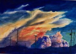 Rule 34 | blue sky, cloud, cloudy sky, highres, no humans, original, painting (medium), power lines, scenery, shibakaka, sky, sky focus, traditional media, utility pole, watercolor (medium)