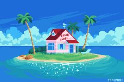 Rule 34 | artist name, beach, blue sky, building, commentary, commission, day, door, dragon ball, dragon ball (classic), english commentary, english text, grass, kame house, no humans, ocean, open window, outdoors, palm tree, pixel art, rock, rooftop, sky, tofupixel, tree, water, window