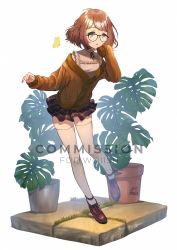 Rule 34 | 1girl, :o, acrylicstroke, brown footwear, brown hair, bug, butterfly, checkered clothes, checkered skirt, commission, full body, glasses, highres, insect, jacket, original, plant, pleated skirt, short hair, simple background, skirt, solo, sweater jacket, thighhighs, vase, white background, white thighhighs