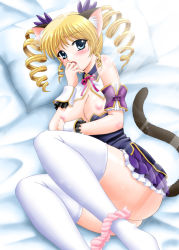 Rule 34 | 00s, 1girl, animal ears, bare shoulders, bed, blonde hair, blue eyes, blush, breasts, clothes pull, drill hair, koihime musou, lying, medium breasts, panties, pillow, rintarou yasushi, shirt pull, solo, sousou (koihime musou), tail, thighhighs, twintails, underwear, wrist cuffs, yasu rintarou