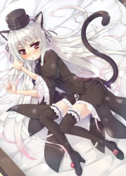 Rule 34 | 00s, 1girl, animal ears, asa (swallowtail), blush, cat ears, cat girl, cat tail, female focus, full body, hair between eyes, hat, high heels, highres, lying, rozen maiden, shoes, solo, suigintou, tail, thighhighs, zettai ryouiki