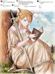 Rule 34 | 1girl, absurdres, alternate costume, animal ears, arknights, bare shoulders, blonde hair, blue eyes, blue sky, book, chinese commentary, cloud, commentary request, day, dress, feet out of frame, grey dress, highres, holding, holding book, horn (arknights), jewelry, long dress, long hair, necklace, off-shoulder dress, off shoulder, outdoors, sitting, sky, solo, sword, translation request, very long hair, weapon, wolf ears, zuo daoxing