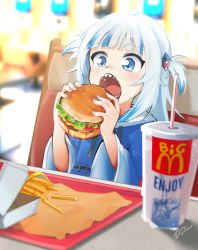 Rule 34 | 1girl, absurdres, artist name, blue eyes, blue hair, blue nails, blunt bangs, blurry, blurry background, burger, commentary, cup, disposable cup, drinking straw, dudul, eating, english commentary, english text, fast food, food, french fries, gawr gura, gawr gura (1st costume), hair ornament, hairclip, highres, holding, holding food, hololive, hololive english, indoors, long hair, mcdonald&#039;s, multicolored hair, nail polish, open mouth, sharp teeth, sitting, solo, streaked hair, table, teeth, tray, two-tone hair, two side up, virtual youtuber, white hair, wide sleeves