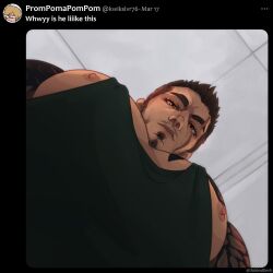 Rule 34 | 1boy, bara, beard stubble, black hair, black tank top, blank stare, character request, dark-skinned male, dark skin, dubleuwerk, eyelashes, facial hair, fake screenshot, final fantasy, final fantasy xv, foreshortening, from below, gladiolus amicitia, highres, large pectorals, lips, looking at viewer, looking down, male focus, meme, muscular, muscular male, nipple slip, nipples, pectoral cleavage, pectoral focus, pectorals, photo-referenced, short hair, sidepec, solo, stubble, tank top, thick eyebrows, thick mustache, twitter, undercut, upper body, yur oc like this (meme)