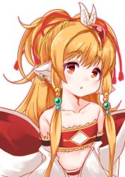 Rule 34 | 1girl, bandeau, bare shoulders, blonde hair, blush, collarbone, commentary request, detached sleeves, feather hair ornament, feathers, granblue fantasy, hair between eyes, hair ornament, hair ribbon, harvin, head tilt, high ponytail, highres, kirisame mia, long hair, long sleeves, looking at viewer, mahira (granblue fantasy), parted lips, pointy ears, ponytail, red bandeau, red eyes, red ribbon, ribbon, sidelocks, simple background, solo, upper body, white background, white feathers, white sleeves