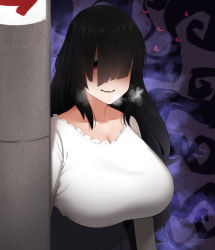 Rule 34 | 1girl, black hair, breasts, breath, cleavage, commentary, hair over eyes, heart, heavy breathing, large breasts, long hair, mojo, mole, mole under mouth, original, pole, red eyes, see-through, senju (snz0), shaded face, sinister, solo, stalking, upper body